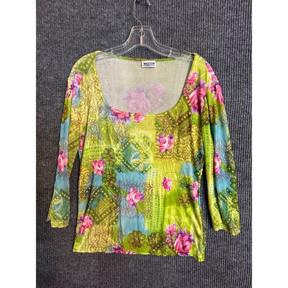 Western Connection Women's Medium Scoop Neck Stretch Floral Abstract Blouse Y2K